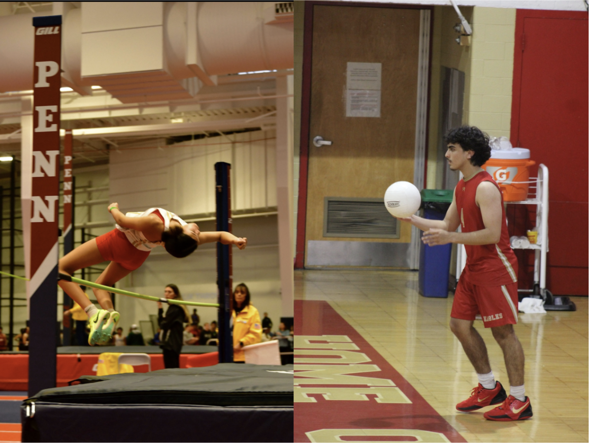 Alanna Edwards '28 jumps over the crossbar while performing her high jump (left). Standing at the boundary line at the back of the court, Gavin Garcia '25 gets ready to serve (right). 
